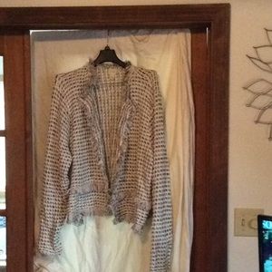 Chicos fringe tweed open front cardigan